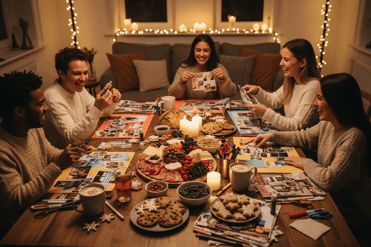Group of friends gathered around a table for a game night, with snacks and drinks.