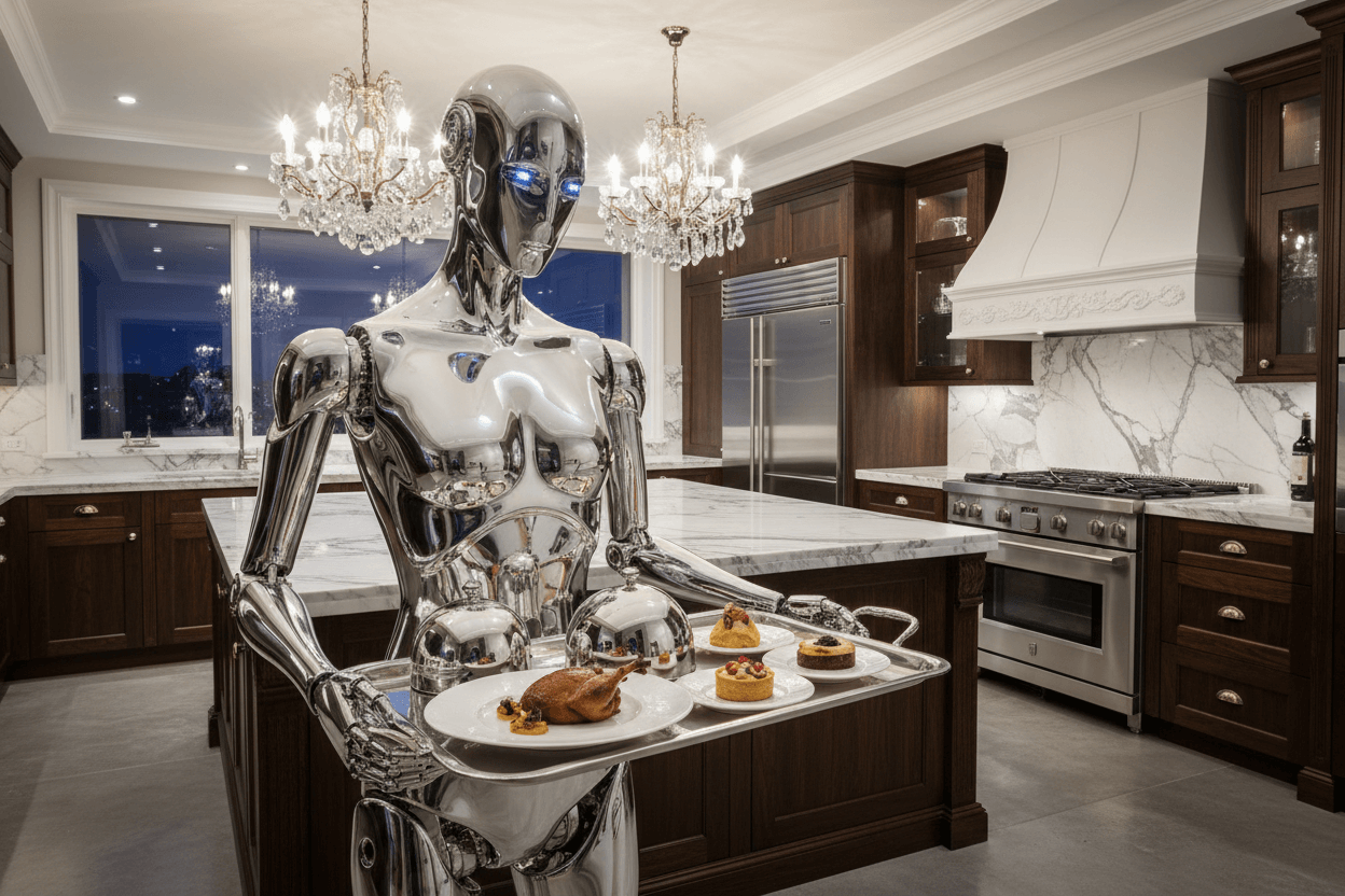 Robotic chef in a modern kitchen holding a platter of food