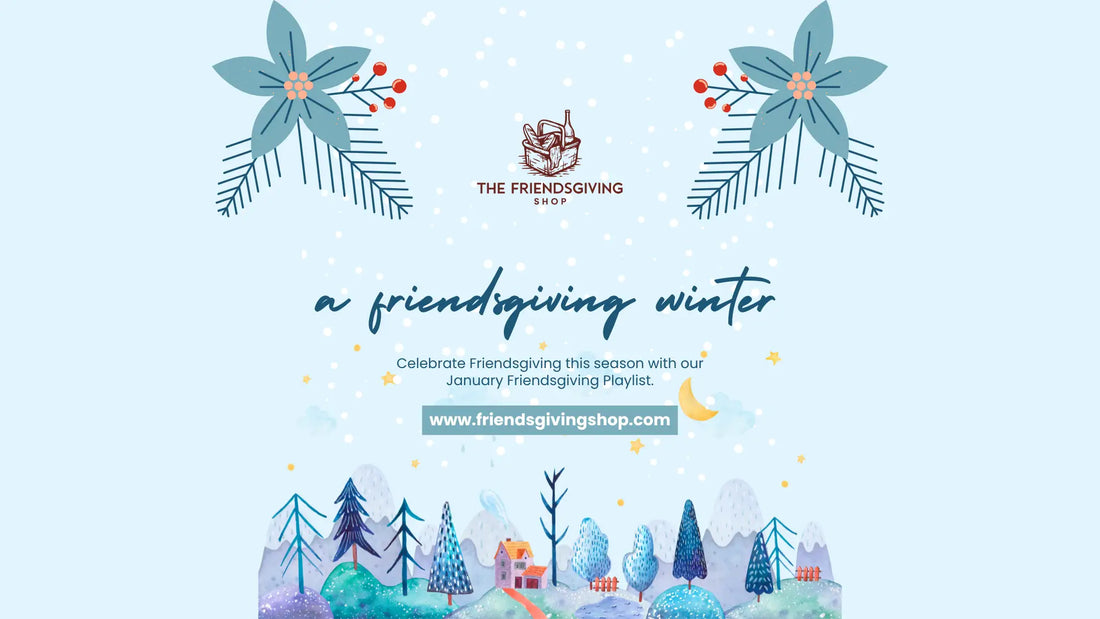 Promotional graphic for Friendsgiving with Spotify, featuring floral designs and a winter landscape.