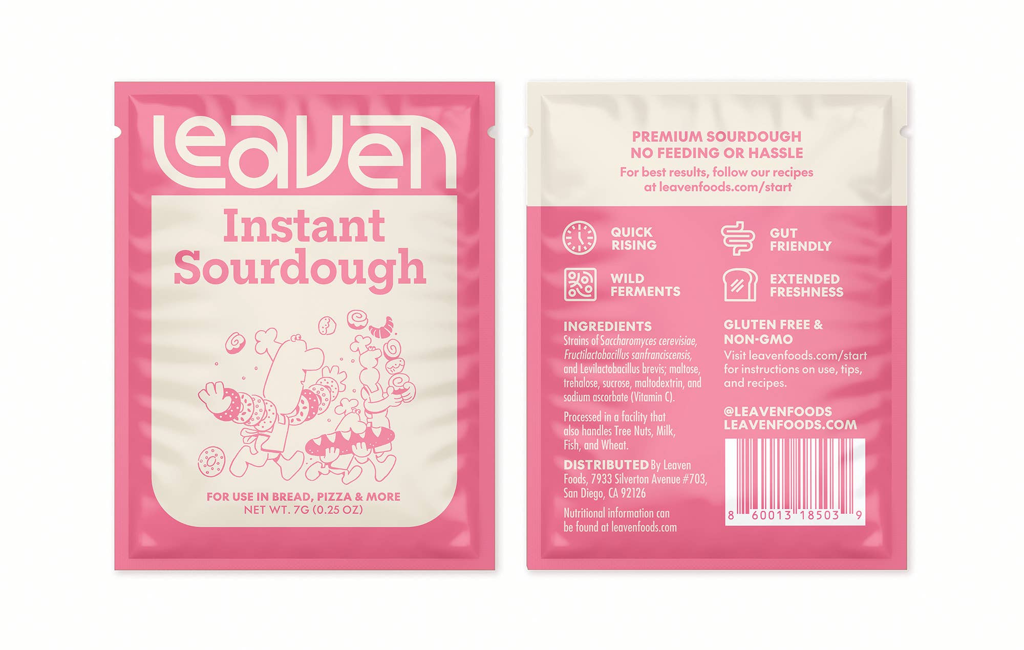 Leaven instant sourdough package with front and back views on a white background