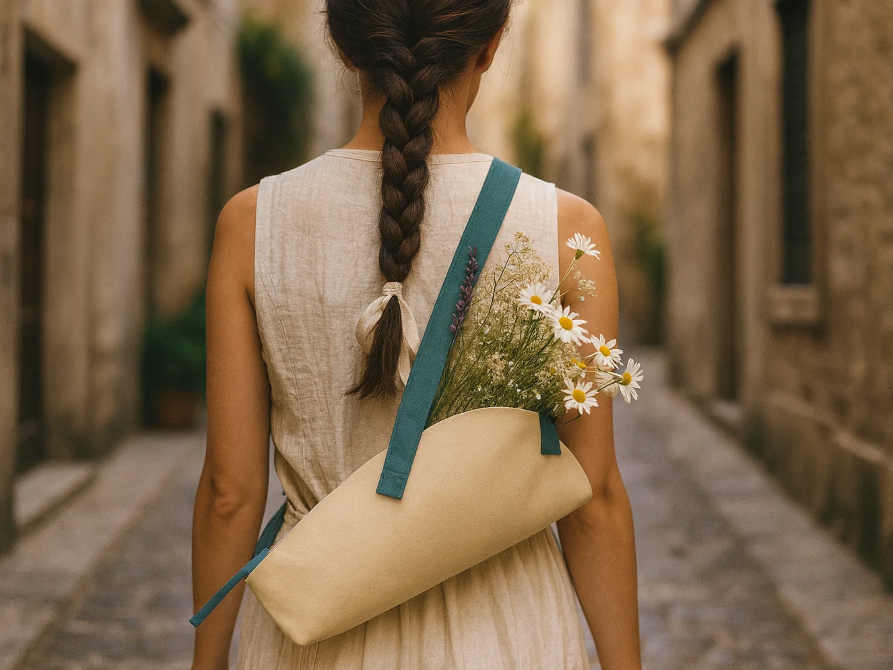 Woman with braided hair carrying a beige bag with flowers in an old stone street.