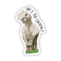 A die-cut sticker featuring a cartoon alpaca with the text 'AM I THE DRAMA?' in black handwritten-style lettering, shown on a plain white background.