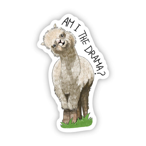 A die-cut sticker featuring a cartoon alpaca with the text 'AM I THE DRAMA?' in black handwritten-style lettering, shown on a plain white background.
