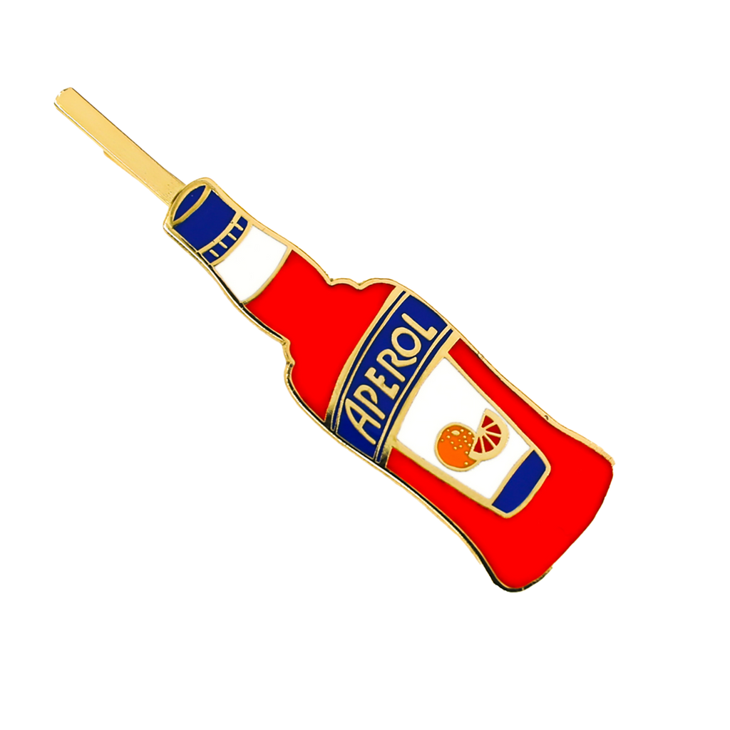 Pin in the shape of an Aperol bottle on a white background