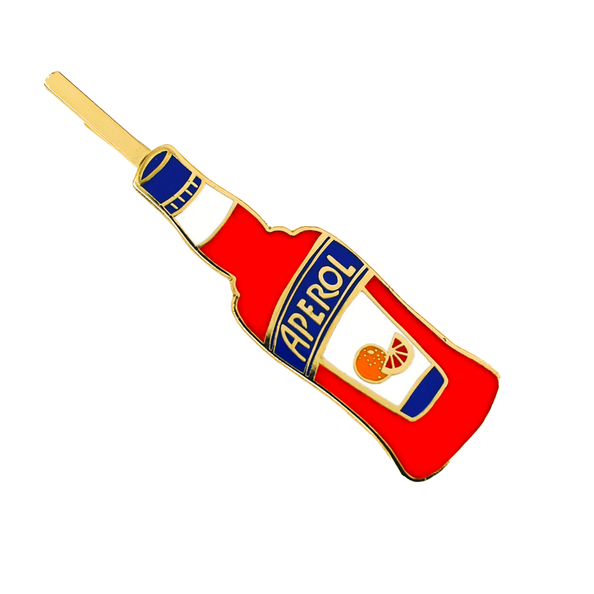 Pin in the shape of an Aperol bottle on a white background