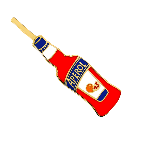 Pin in the shape of an Aperol bottle on a white background