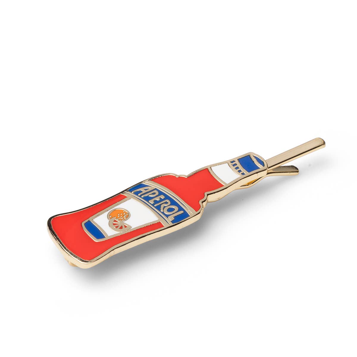An Apéritif cocktail-shaped lapel pin with red, white, and blue enamel details and gold-tone metal borders, shown on a clean white background.