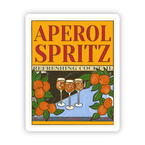 Aperol Spritz refreshing cocktail label with oranges and glasses on a white background