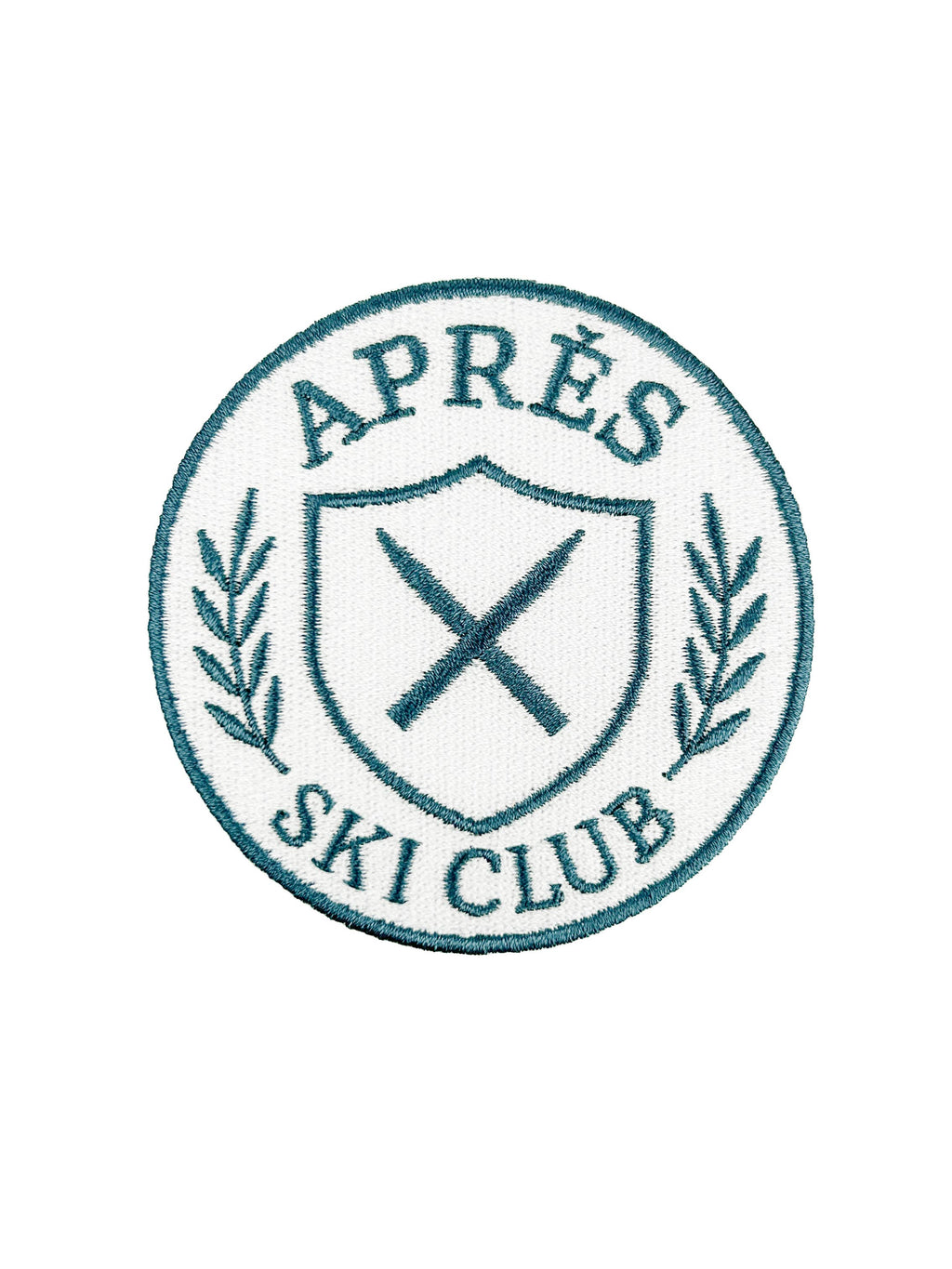Logo of Après Ski Club with crossed skis and laurel leaves on a white background