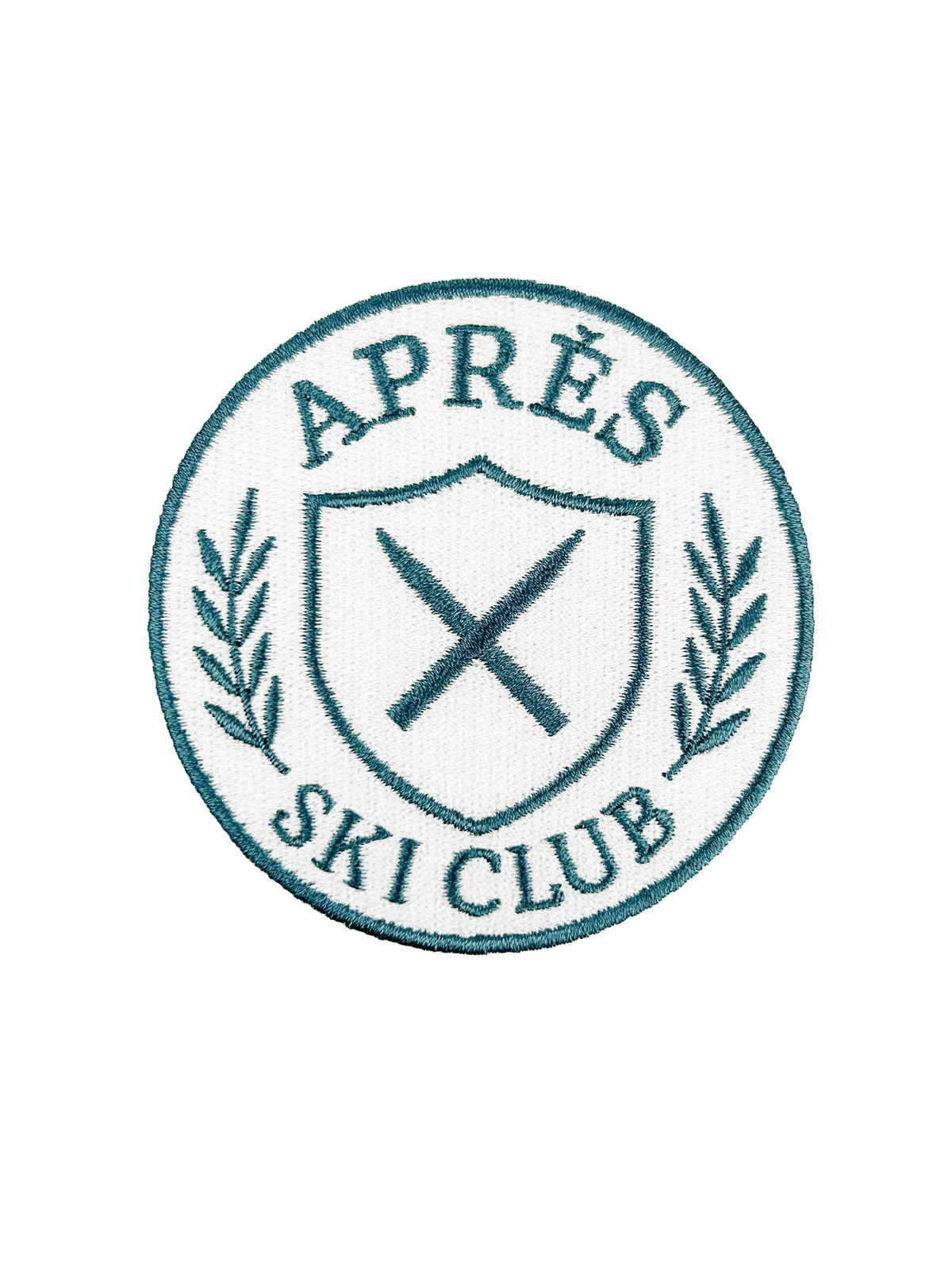 Logo of Après Ski Club with crossed skis and laurel leaves on a white background