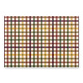A rectangular plaid fabric or paper sample with a multicolor tartan pattern in cream, mustard yellow, olive green, burgundy, and brown, shown on a white background with a soft drop shadow.