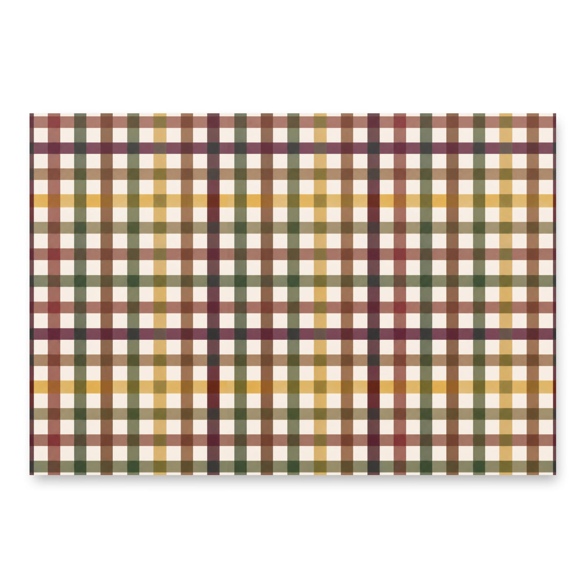 A rectangular plaid fabric or paper sample with a multicolor tartan pattern in cream, mustard yellow, olive green, burgundy, and brown, shown on a white background with a soft drop shadow.