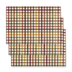 Three rectangular placemats with a plaid pattern in mustard yellow, olive green, and burgundy, stacked diagonally on a white background.