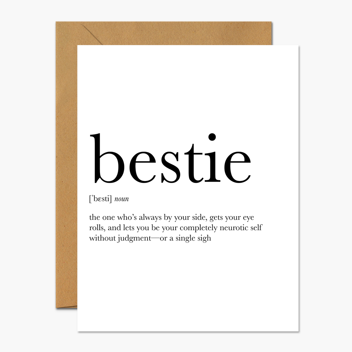 Card with the word 'bestie' and its definition on a white background