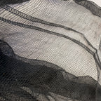Black sheer mesh fabric with a fine grid pattern, draped to show its texture and transparency.