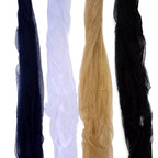 Four sheer, lightweight fabric cheesecloth table runner or wraps hanging vertically side by side on a plain white background. The colors are dark navy blue, white, tan/beige, and black.