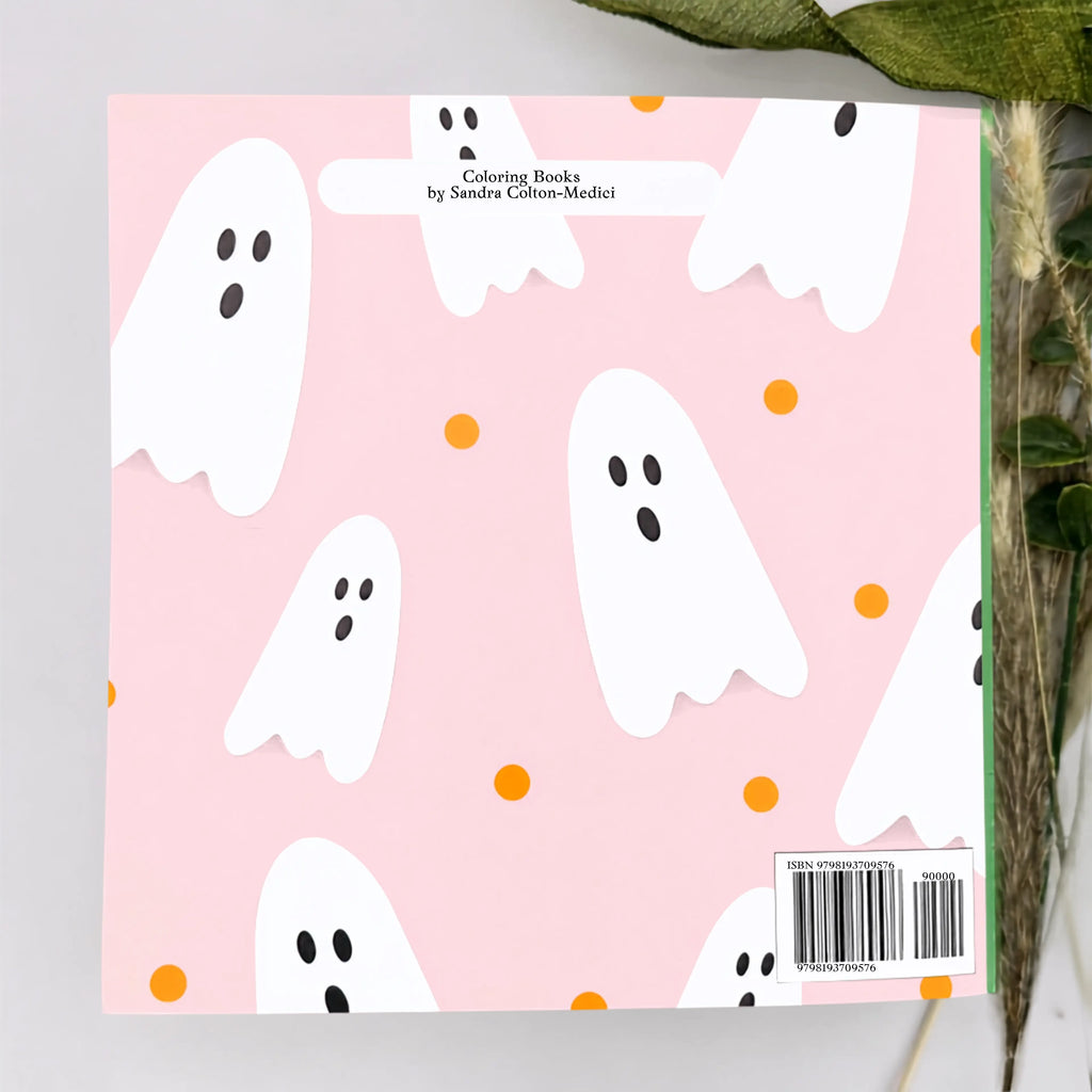 Ghosts on the Back Cover of a book on a neutral background with green ribbon and feather on the right side
