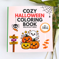 Cozy Halloween Coloring Book cover image with pumpkins, a few spiders, a trick or treat sign and candies.