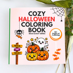 Cozy Halloween Coloring Book cover image with pumpkins, a few spiders, a trick or treat sign and candies.