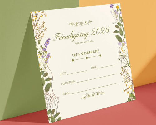 Friendsgiving 2026 invitation card with floral design on a colorful background