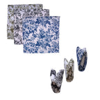 Four square floral-patterned pocket squares arranged on a white background, with two larger unfolded pieces at the top and two smaller folded pieces at the bottom. The pocket squares feature blue, gray, and olive green floral toile-style prints on white fabric.