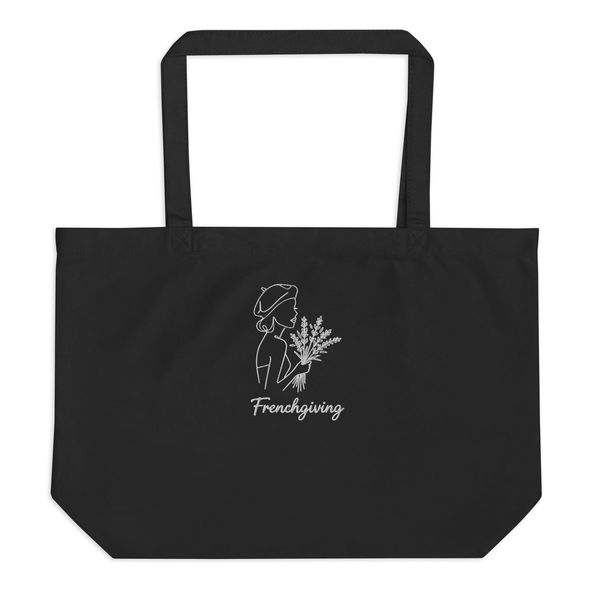 Black tote bag with 'Frenchgiving' text in white on black background