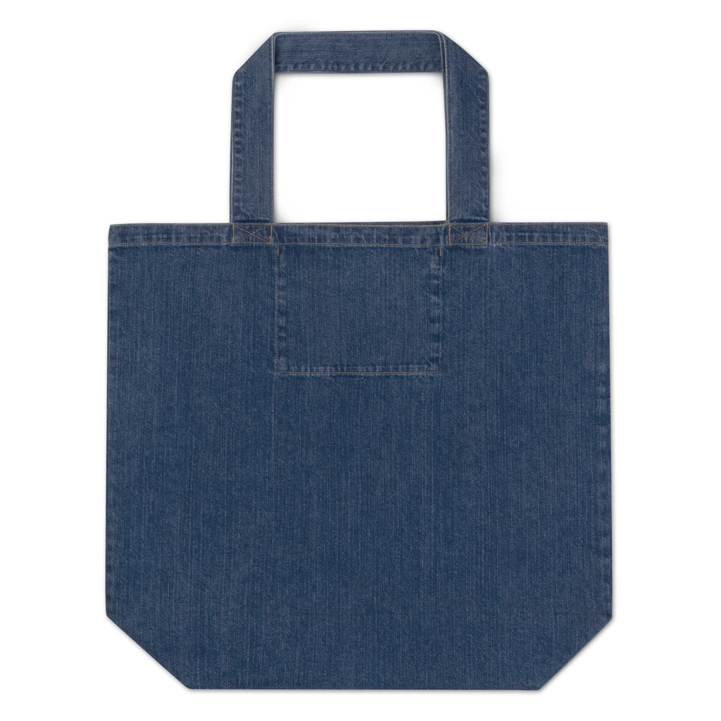 Blue denim tote bag on a white background