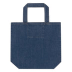 Blue denim tote bag on a white background