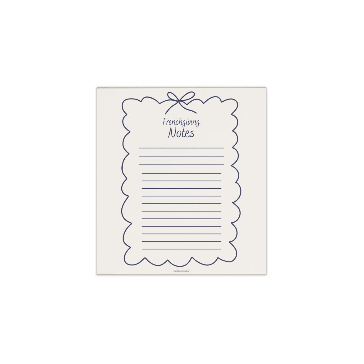 A single sheet of kraft paper shipping notes with a navy blue scalloped border, vertical lines, and the words 'Frenchgiving Notes' printed on it, shown against a plain white background.