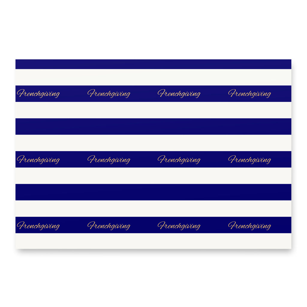 A rectangular product with horizontal navy blue and white stripes, featuring the word 'Frenchgiving' printed in white script along the navy bands, shown on a clean white background.