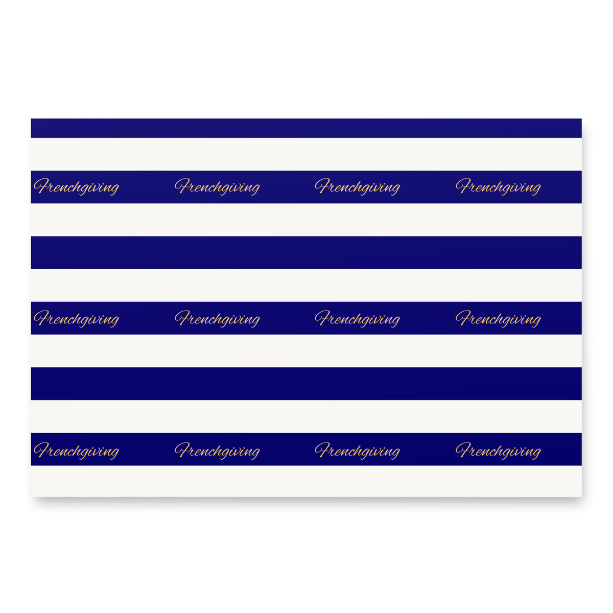 A rectangular product with horizontal navy blue and white stripes, featuring the word 'Frenchgiving' printed in white script along the navy bands, shown on a clean white background.
