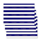 Five sheets of white paper with alternating navy blue and white horizontal stripes, each printed with the word 'Frenchgiving' in gold cursive script along the bottom margin, arranged in a staggered fan layout on a white background.