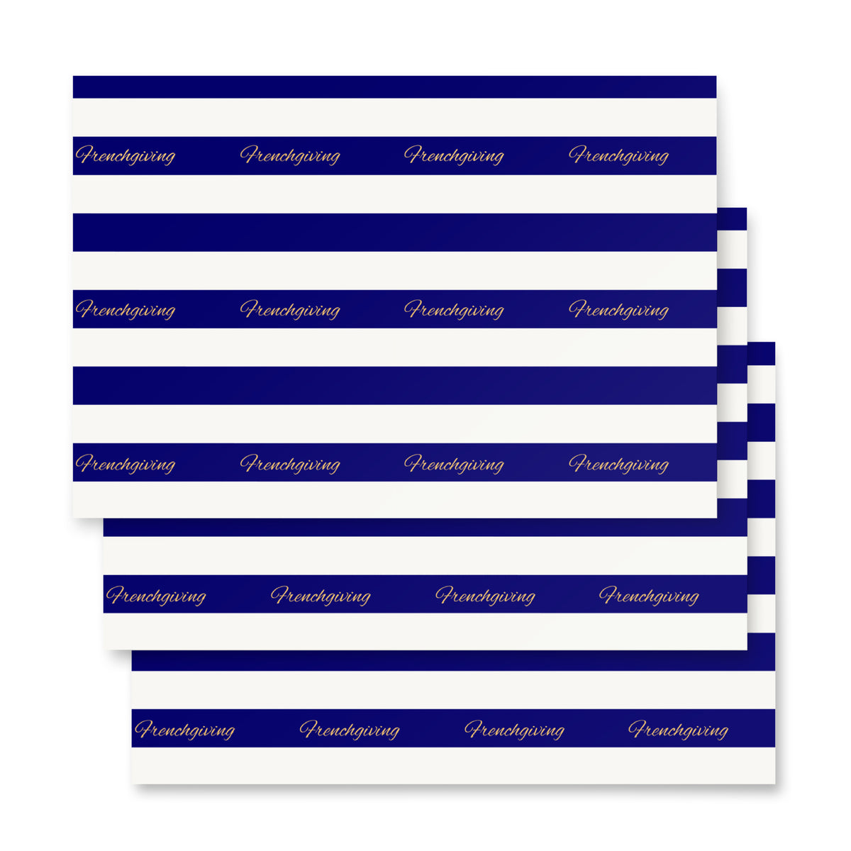Five sheets of white paper with alternating navy blue and white horizontal stripes, each printed with the word 'Frenchgiving' in gold cursive script along the bottom margin, arranged in a staggered fan layout on a white background.