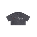 Women's Crop Top T-Shirt Snow Wash with text "Friendsgiving After Dark" and a small flower arrangement