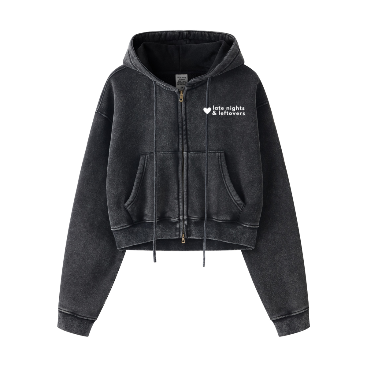 Vintage Wash Cropped Hoodie Front with text in white Late Nights And Leftovers with a white Heart next to the text.