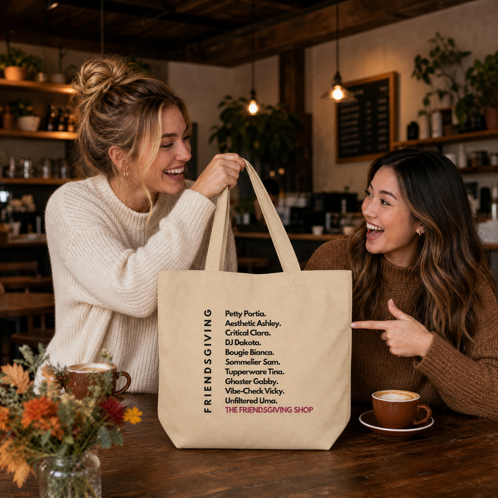 A woman in a white knit sweater holds up a beige tote bag with black printed text in a cozy, warmly lit cafe setting. Another woman sits at the table smiling and pointing toward the bag.