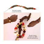 A bracelet-making kit shown with example bracelets worn on hands and hanging on driftwood. The kit includes wooden letter beads spelling words like 'BEST' and 'FRIEND,' red and gold beads, and white beads with script text.