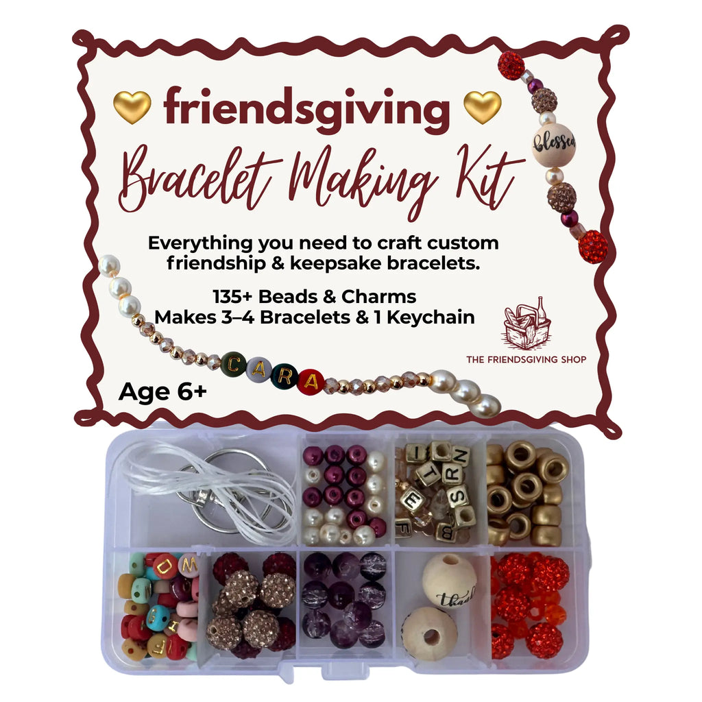 Friendsgiving Bracelet Making Kit by The Friendsgiving Shop, featuring a clear plastic organizer filled with beads, charms, thread, and keychain hardware, beneath a decorative product information card.
