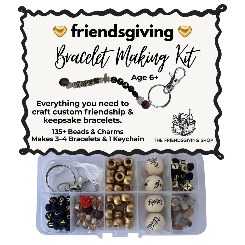 Friendsgiving Bracelet Making Kit by The Friendship Shop, featuring a clear plastic organizer filled with beads, charms, and stones, shown below its white product information card.