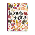 Book cover with 'Friendsgiving' text and fall-themed illustrations on a white background