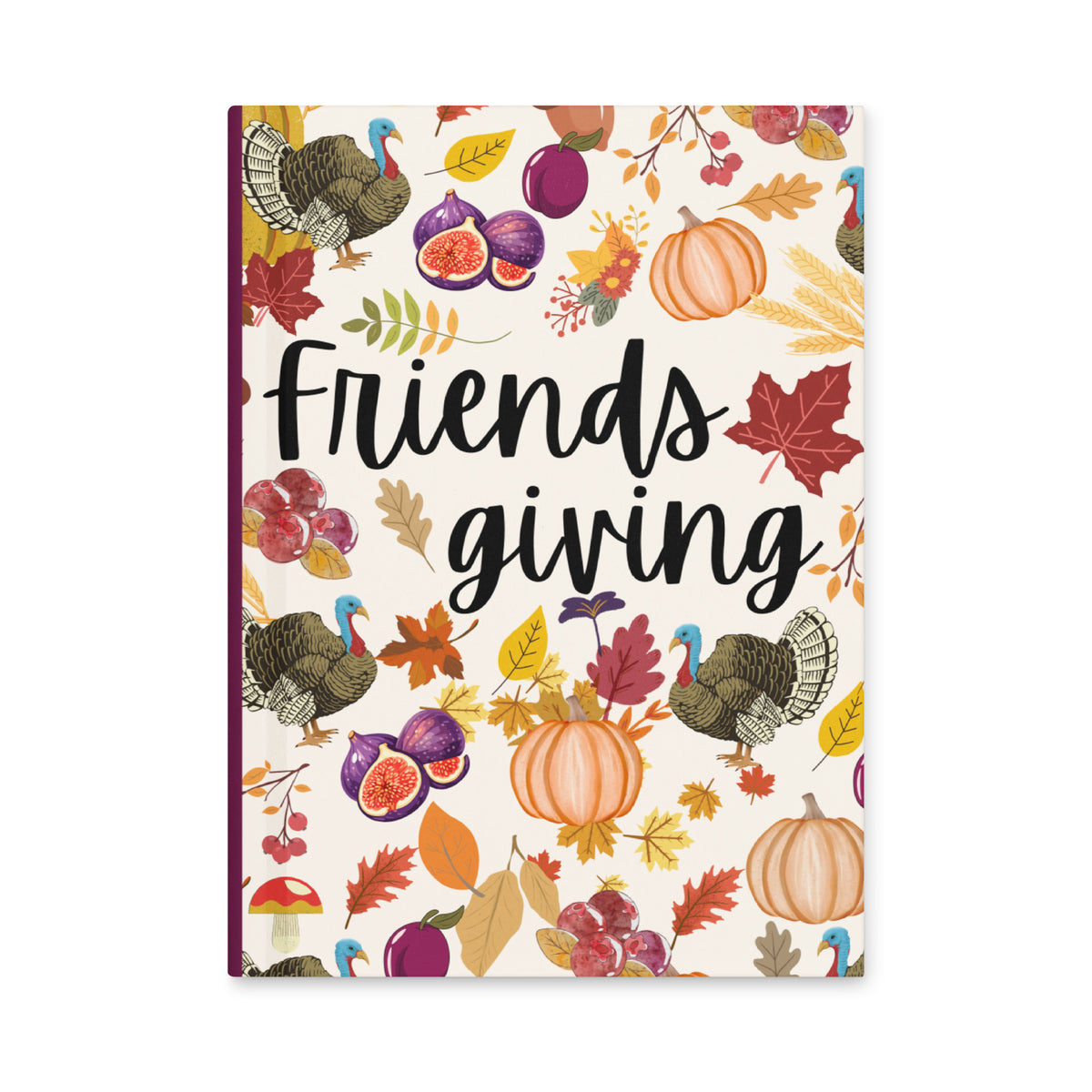 Book cover with 'Friendsgiving' text and fall-themed illustrations on a white background
