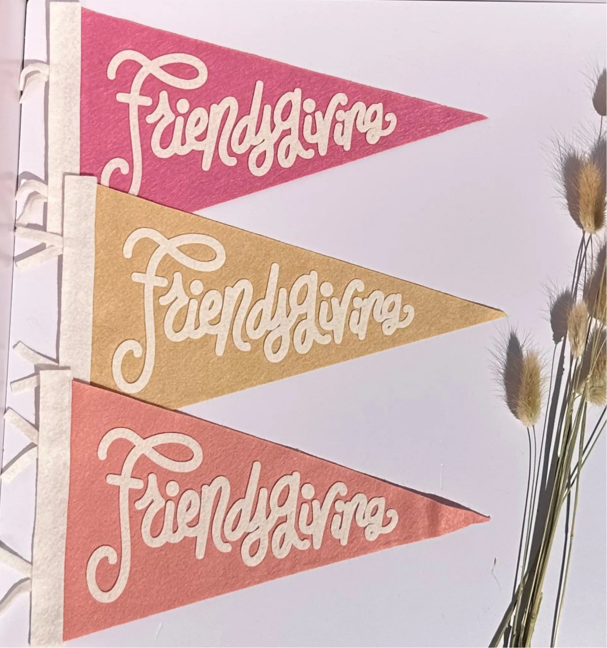 Three triangular pennant flags with the words 'Friendsgiving' in white script, shown in pink, tan, and coral colors, hanging vertically with white ribbons on the left side against a white background with dried grass stems on the right.