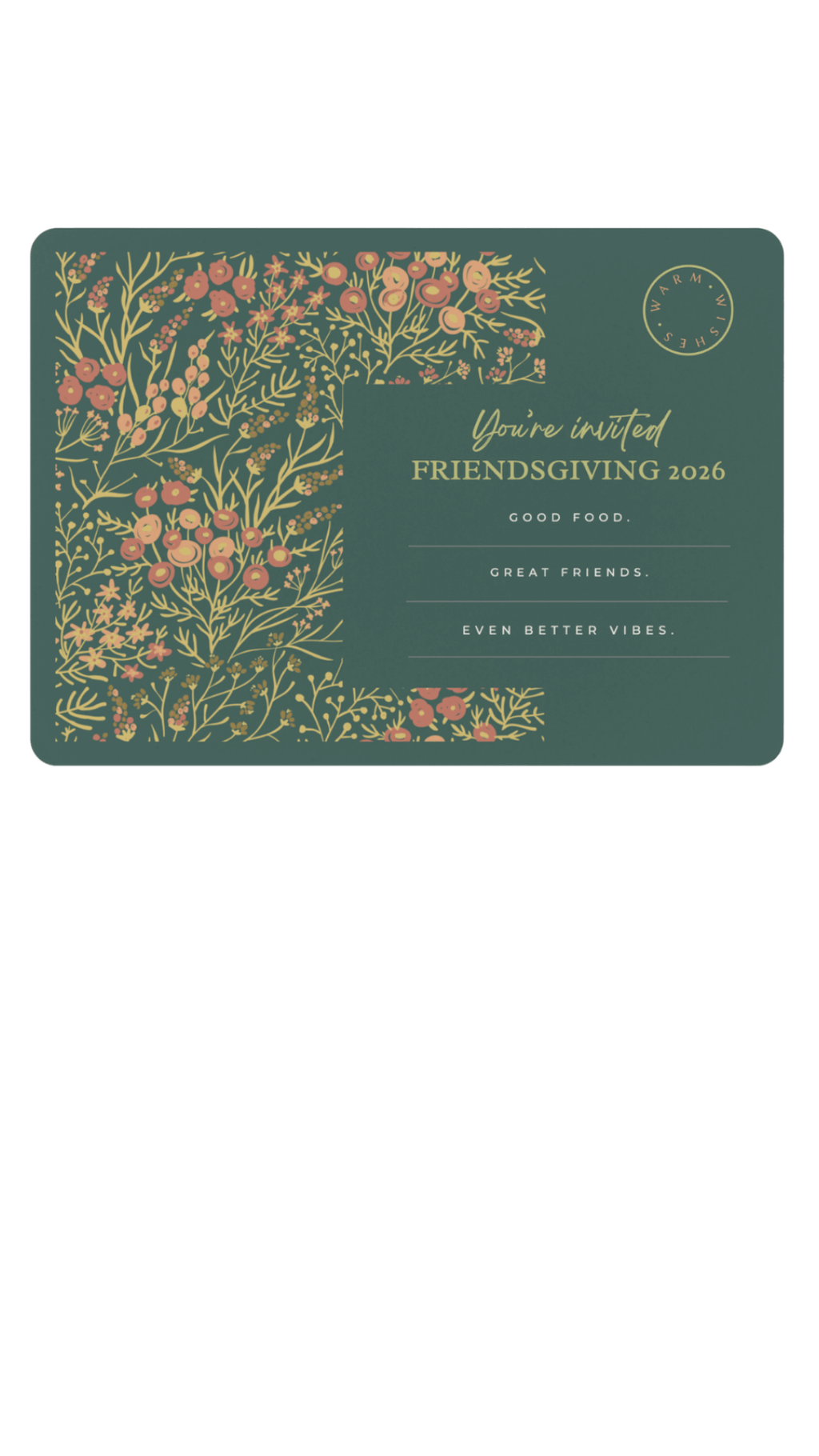 Invitation card for Friendsgiving 2026 with floral design on a green background