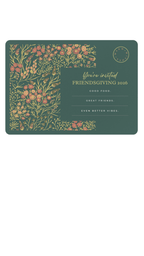 Invitation card for Friendsgiving 2026 with floral design on a green background