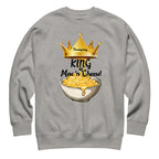 Gray sweatshirt with a graphic of a bowl of macaroni and cheese and a crown, labeled 'King of Mac'n'Cheese'.