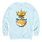 Light blue sweatshirt with a graphic of macaroni and cheese and a crown, labeled 'King Mac'n'Cheese'.