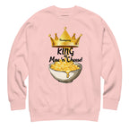 Pink sweatshirt with a graphic of macaroni and cheese and a crown on a white background