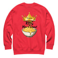 Red sweatshirt with a graphic of a bowl of mac and cheese and a crown, labeled 'King of Mac n' Cheese'.