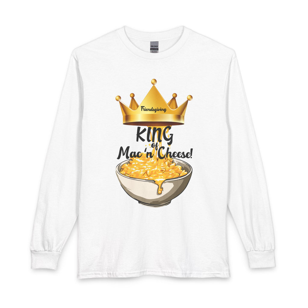 White long-sleeve shirt with 'King of Mac n' Cheese' graphic design on a white background