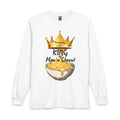 White long-sleeve shirt with 'King of Mac n' Cheese' graphic design on a white background
